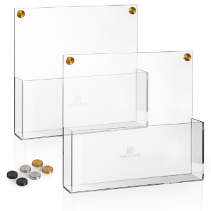 Image of two acrylic wall fileholders and three different standoff caps that come with the product which are black, silver and gold.